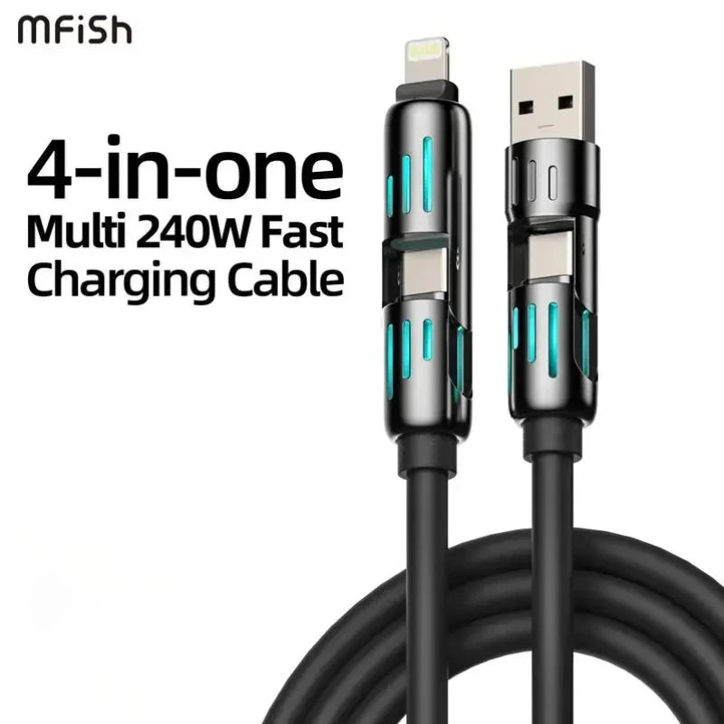 Schwarzes 4-in-1 Multi-Funktions-Schnellladekabel mit mehreren Anschlüssen, darunter USB-C und weitere Anschlüsse.