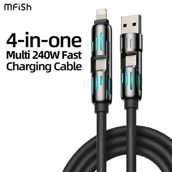 A black 4-in-1 multi-function fast charging cable with multiple connectors including USB-C and other ports.