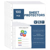 A sheet protector product package showing 100 pcs of clear top loading sheet protectors for binders.