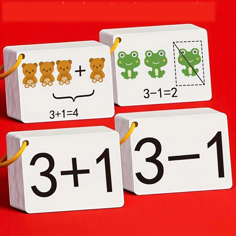 A set of white cards showing simple addition and subtraction problems for children