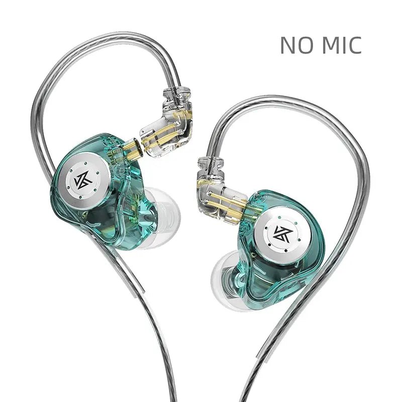 A pair of clear silicone dynamic earphones with gold accents and a metal hook, shown against a white background.