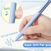 A hand is writing on paper with a light blue pen, demonstrating its soft skin-friendly grip and gel handshake.
