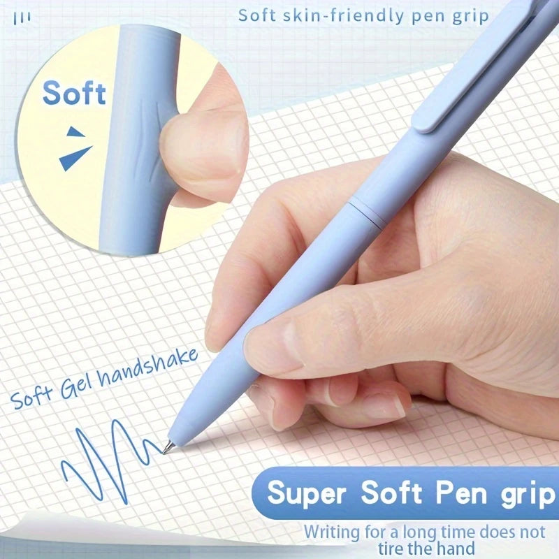 A hand is writing on paper with a light blue pen, demonstrating its soft skin-friendly grip and gel handshake.