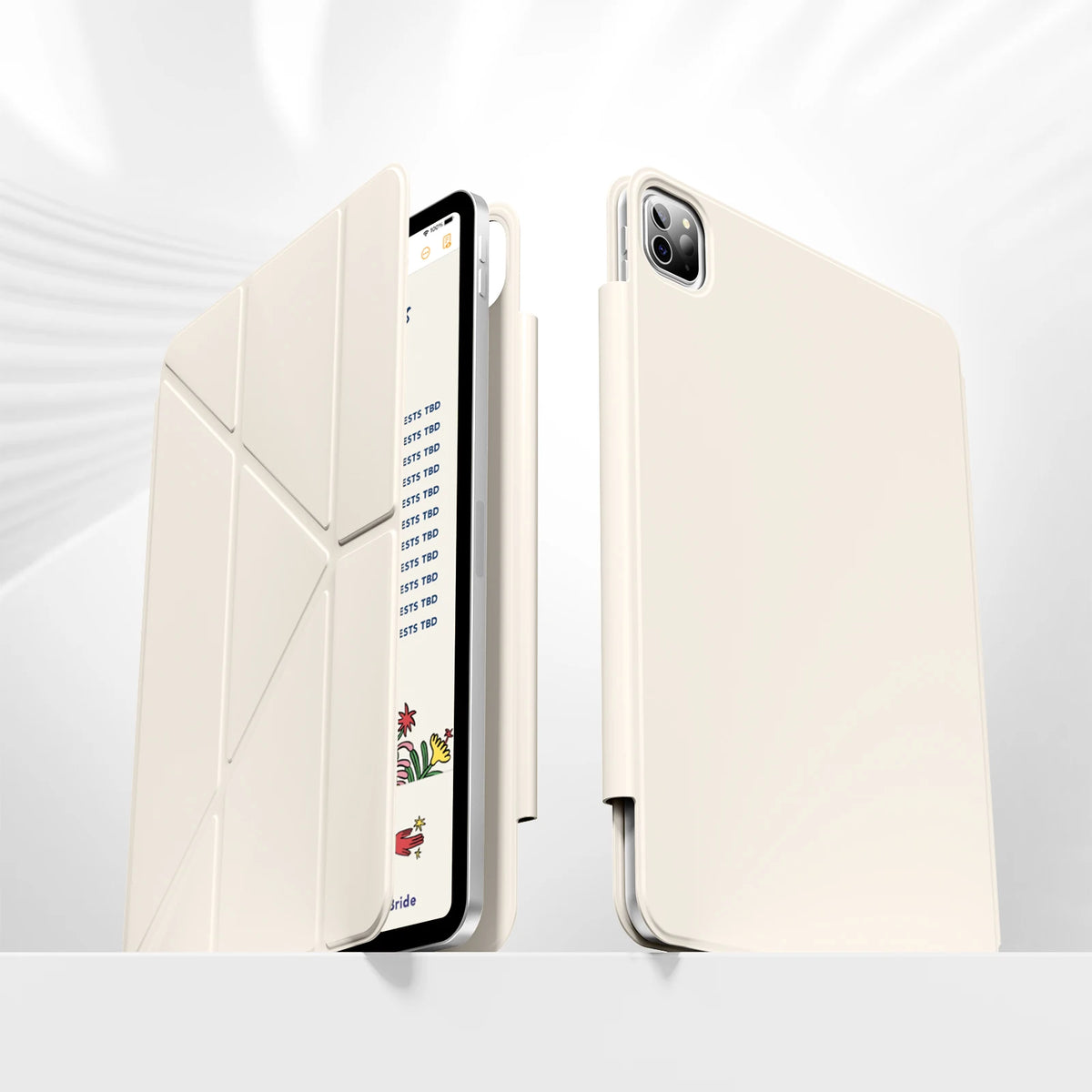 A beige magnetic protective case for an Apple iPad is shown with the screen visible and closed.
