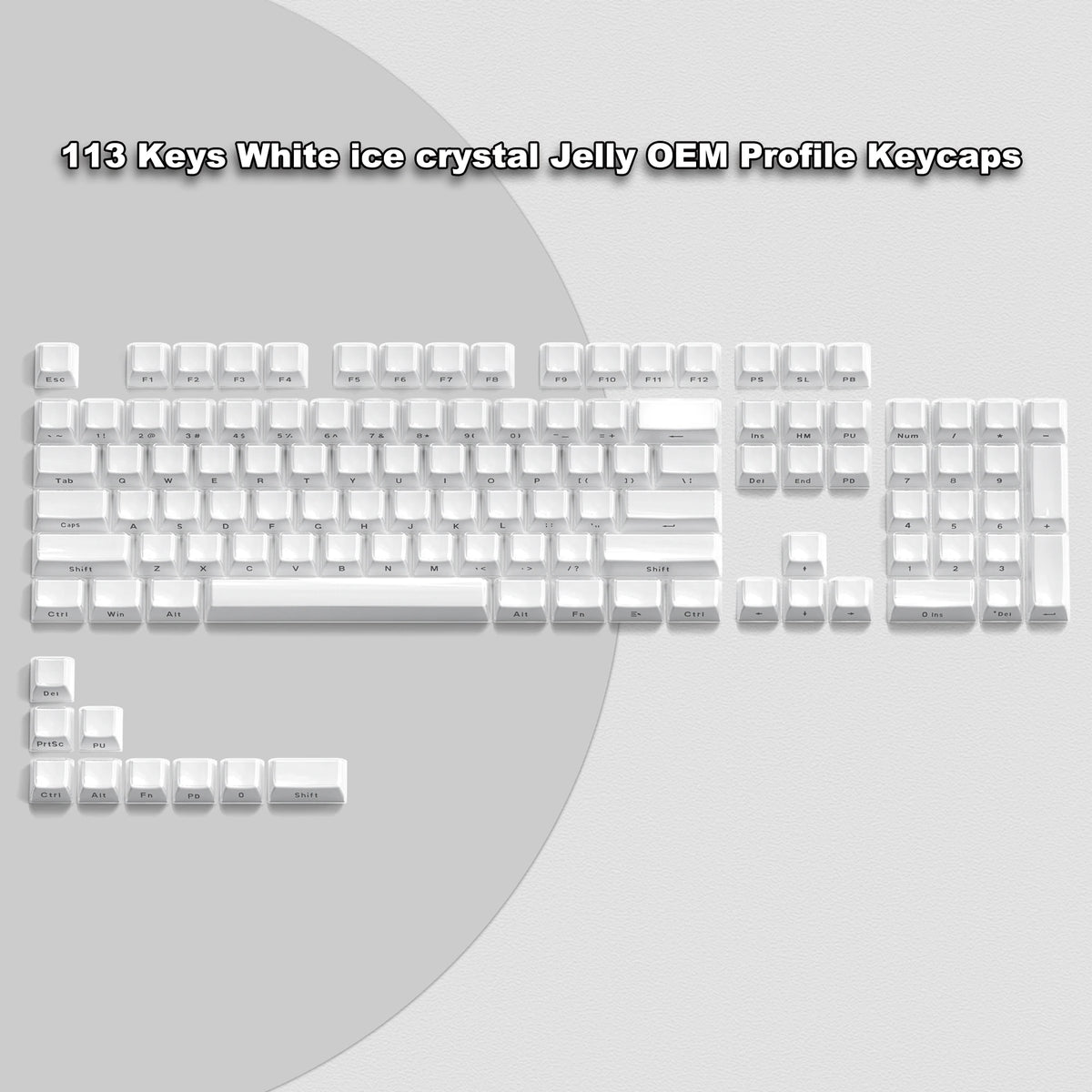 A collection of 113 white ice crystal jelly OEM profile keycaps laid out on a surface.