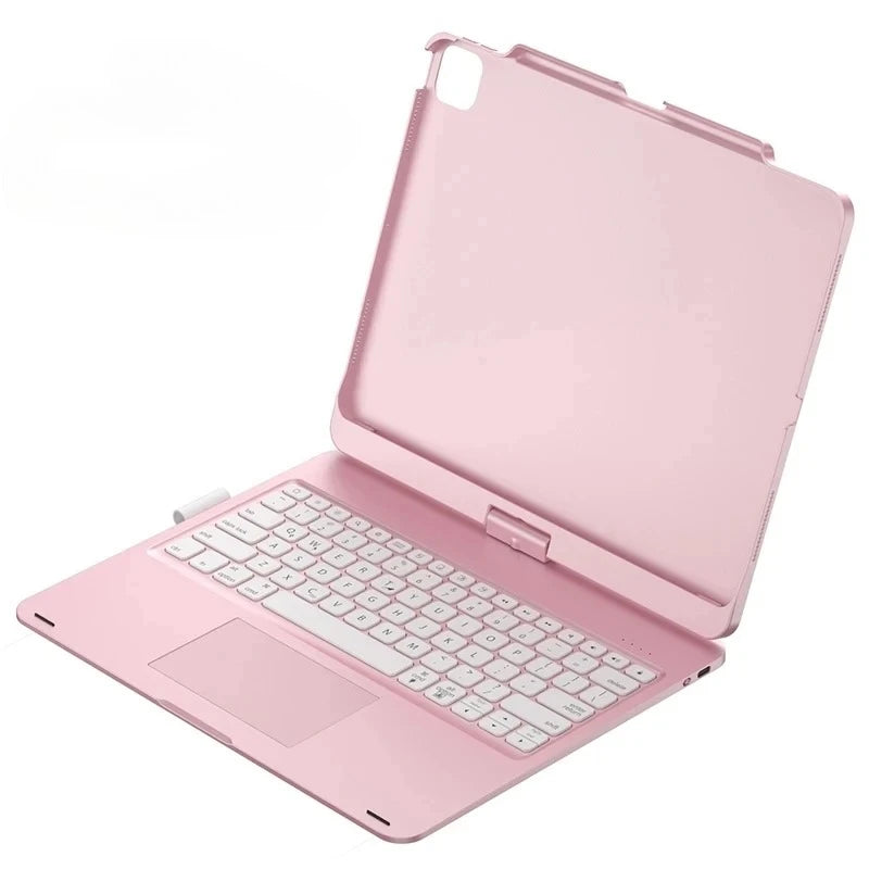 A pink 360° rotating keyboard case with a trackpad for an iPad Pro or Air.