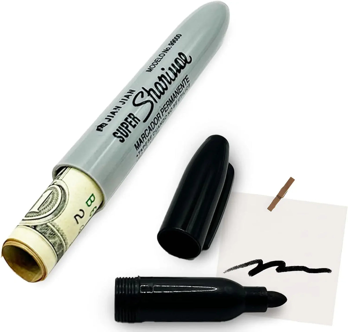 A silver marker pen with a hidden compartment is shown next to a stack of US currency and a black marker tip.