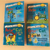A stack of four Pete the Cat picture books featuring Pete the Cat in various adventures and themes by James Dean.