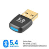 A black USB Bluetooth adapter with a gold connector and text indicating 5.4 Bluetooth and drive-free operation.