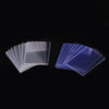 A collection of clear and blue protective card sleeves with anti-scratch film arranged in stacks.