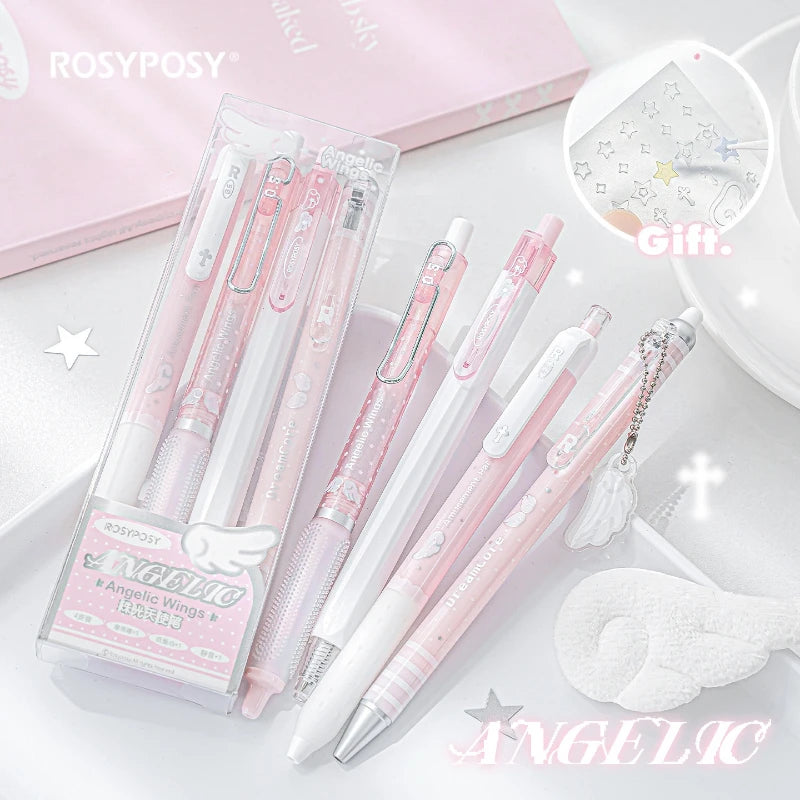 A set of four pink and white Kawaii Pearl Angel gel pens with glitter accents displayed on a light surface.