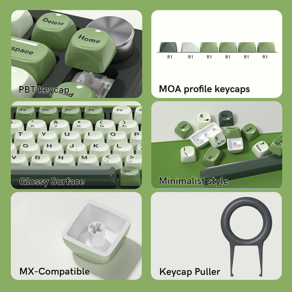 A set of bright green MOA profile PBT keycaps, a keycap puller, and an MX-compatible keycap tool.
