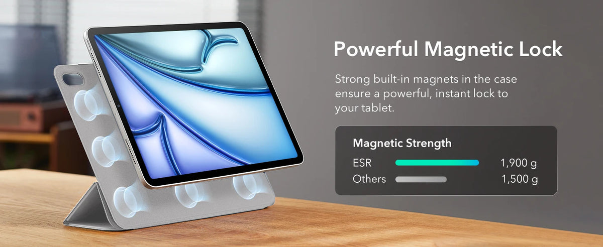 A silver magnetic folio case for an iPad, showing a powerful magnetic lock feature.