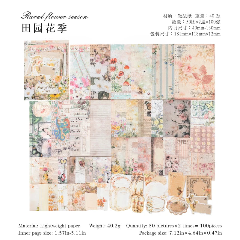 A collection of vintage floral and nature-themed scrapbook paper sheets in various shades of pink, green, and beige.