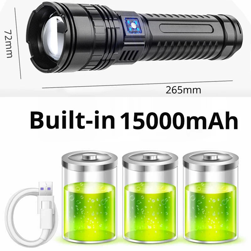 A built-in 15000mAh flashlight with a lens and a charging cable next to three glass containers filled with liquid.