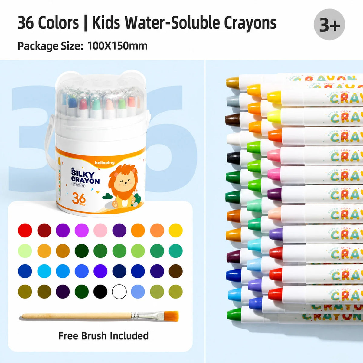 A set of 36 water-soluble crayons in a clear twist-up container with a free brush included.