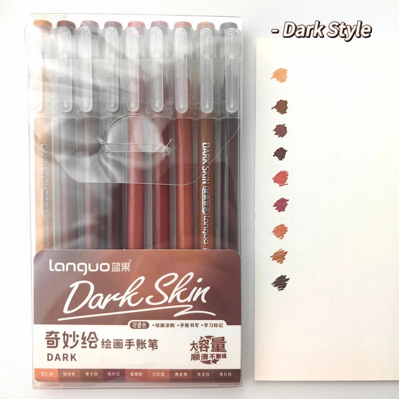 A set of nine dark brown gel pens is displayed in a clear plastic packaging against a white background.
