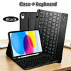 A black universal Bluetooth keyboard case and keyboard shown alongside an iPad laptop.