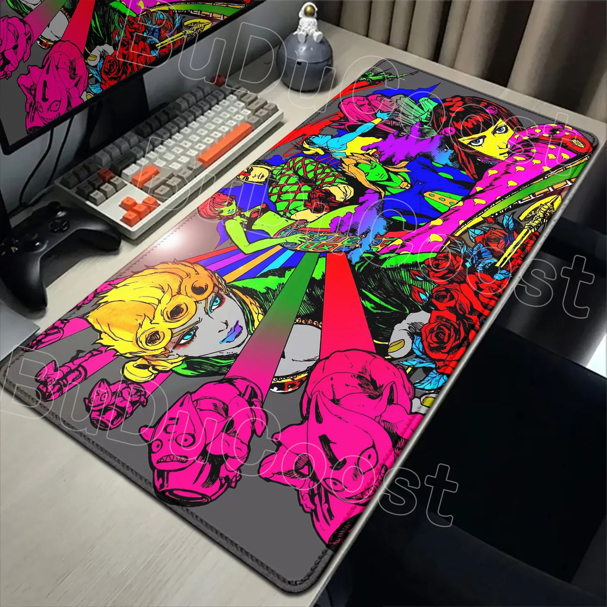 An anime-inspired XXL gaming mouse pad featuring vibrant characters and artwork on a black surface.