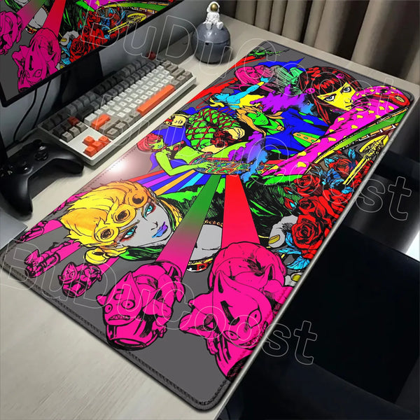 An anime-inspired XXL gaming mouse pad featuring vibrant characters and artwork on a black surface.
