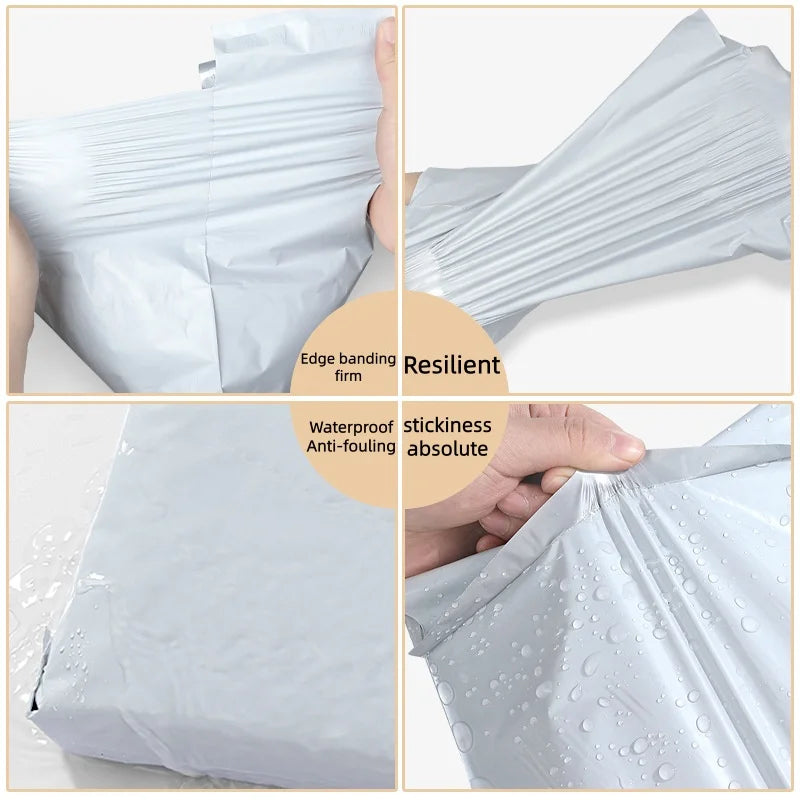 Close-up views of a silver self-adhesive sealed packing bag demonstrating its resilient edge, waterproofness, and stickiness.