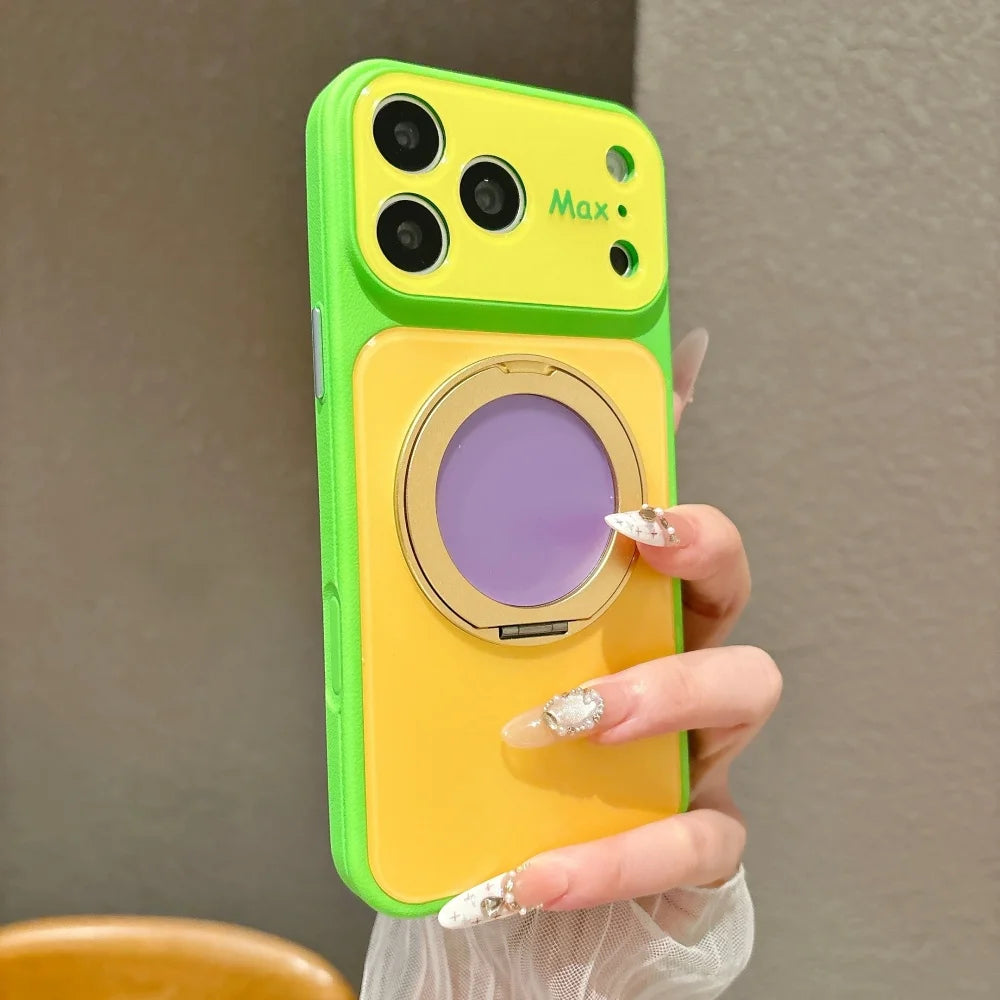 A hand holds a lime green and yellow magnetic ring stand shockproof phone case with camera protection.