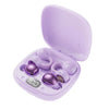 A purple wireless clip-on earbud charging case with multiple earbuds inside.