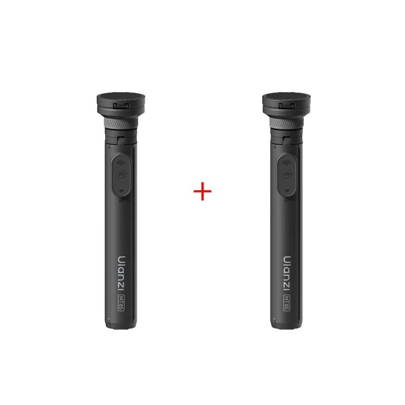A black magnetic phone tripod with a wireless remote shown side by side.