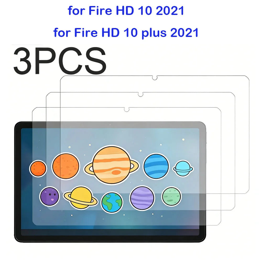 A set of three tempered glass screen protectors for the Amazon Fire HD 10 and Fire HD 10 Plus, featuring a colorful planetary