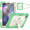 A heavy duty rugged iPad case in green and white showing the device, a separate strap, and the case itself.