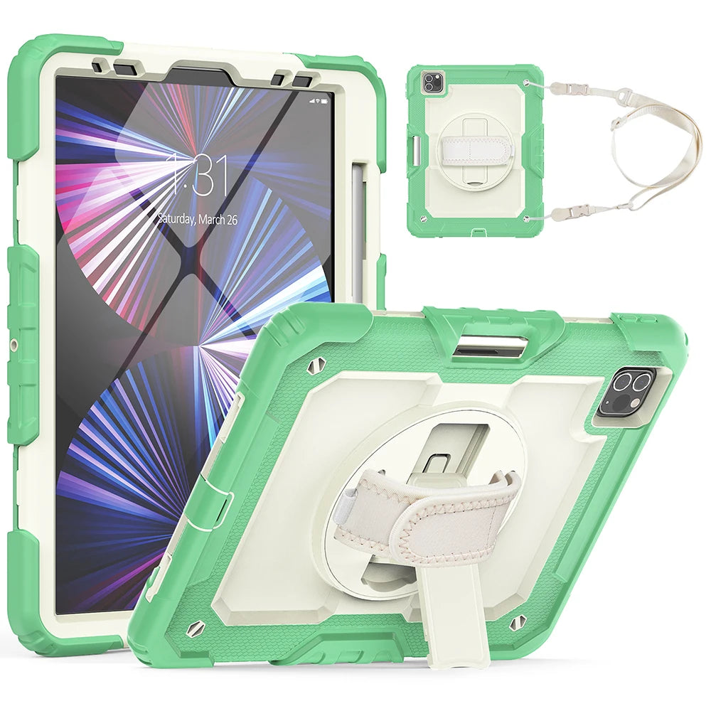 A heavy duty rugged iPad case in green and white showing the device, a separate strap, and the case itself.