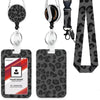 A leopard print retractable ID badge holder with a black and gray design.
