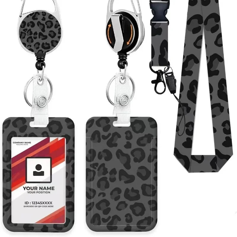 A leopard print retractable ID badge holder with a black and gray design.