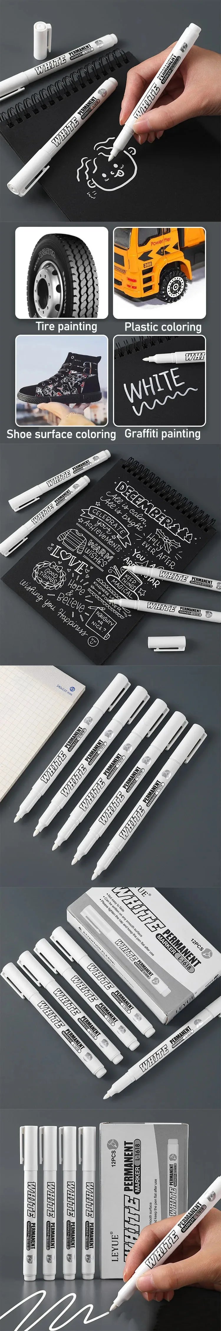 A set of three waterproof metal paint markers is shown with various applications including tire painting, plastic coloring, a