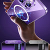 A hand holds a purple clear magnetic phone case featuring a hexagonal pattern and built-in magnets for wireless charging.