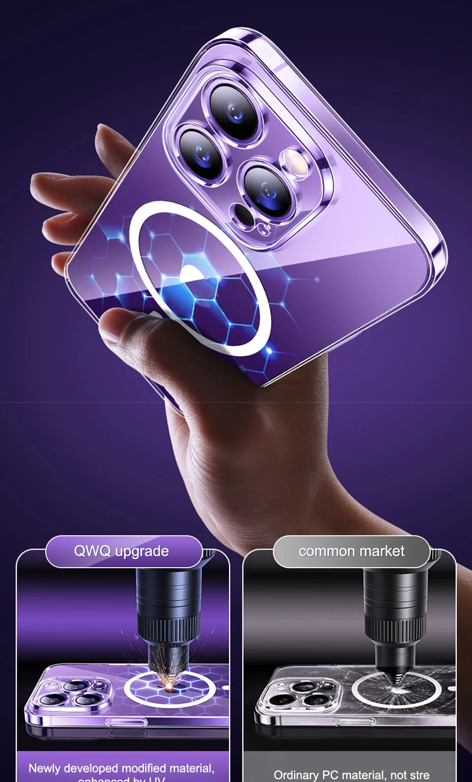 A hand holds a purple clear magnetic phone case featuring a hexagonal pattern and built-in magnets for wireless charging.