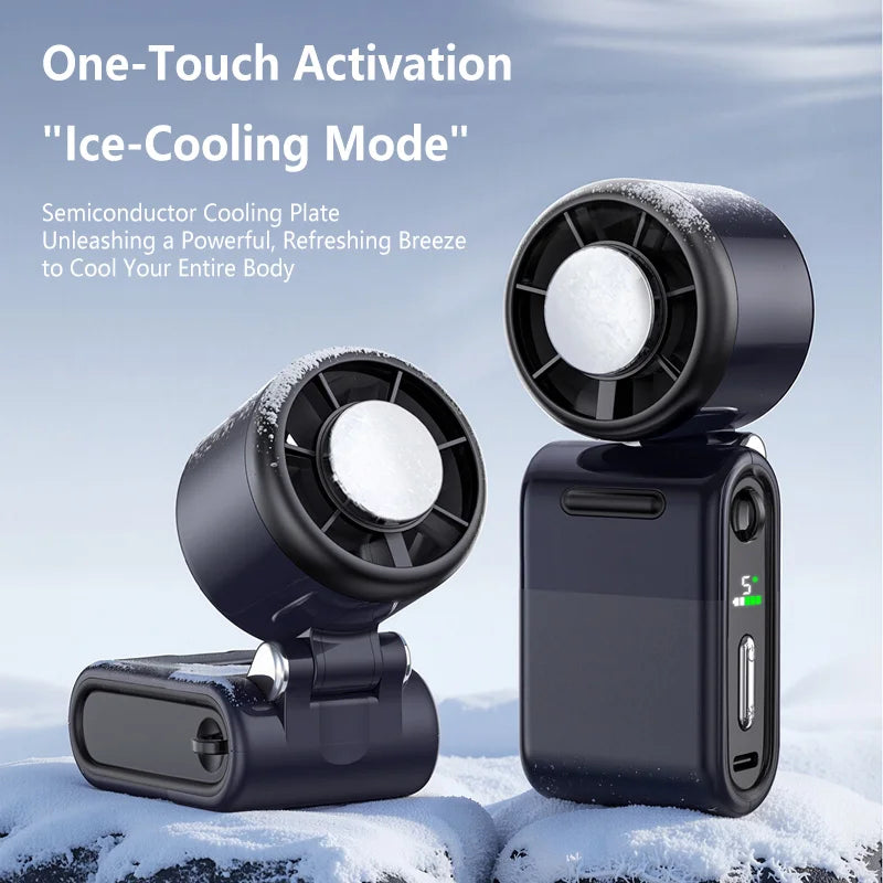 A black semiconductor cooling plate device is shown next to a small black battery pack, resting on snow.