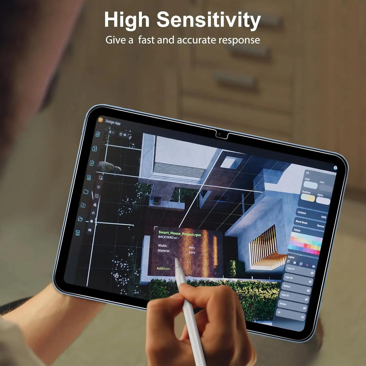 A hand is using a stylus to interact with an iPad displaying a user interface, highlighting high sensitivity features.