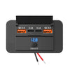 Schwarzer Auto-Ladegerät mit vier Ausgängen: zwei 3,1A USB-A und zwei QC 3.0, mit Ein-/Ausschalter.