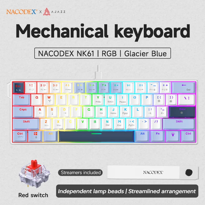 NACODEX NK61 mechanical keyboard in Glacier Blue with red switches and independent lamp beads