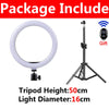 LED ring light with a tripod stand shown next to the product details.