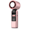 A pink mini USB powered cold fan with a circular grille and a digital display.