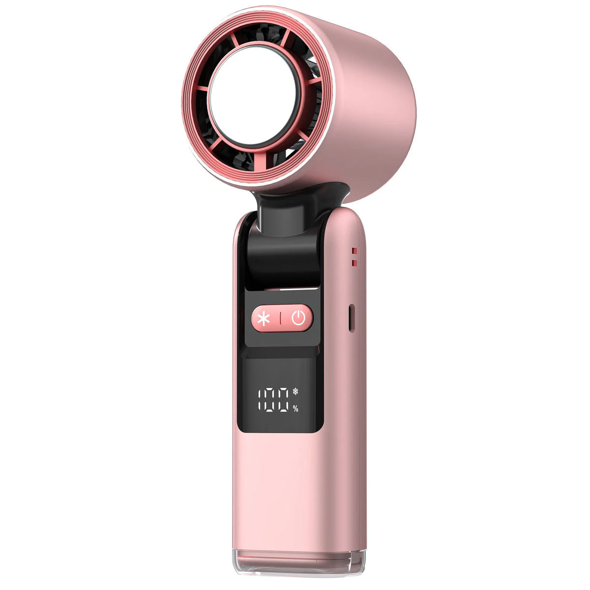 A pink mini USB powered cold fan with a circular grille and a digital display.