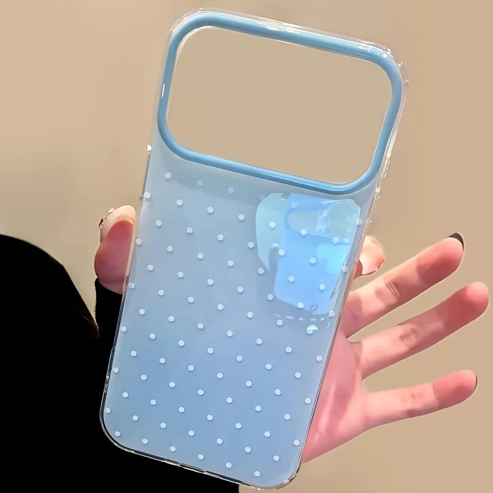 A clear blue silicone phone case with small dots and a flexible plastic cover is held in a hand.