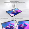 A display shows a shock-resistant tempered glass screen protector applied to a tablet screen, highlighting its liquid and scr