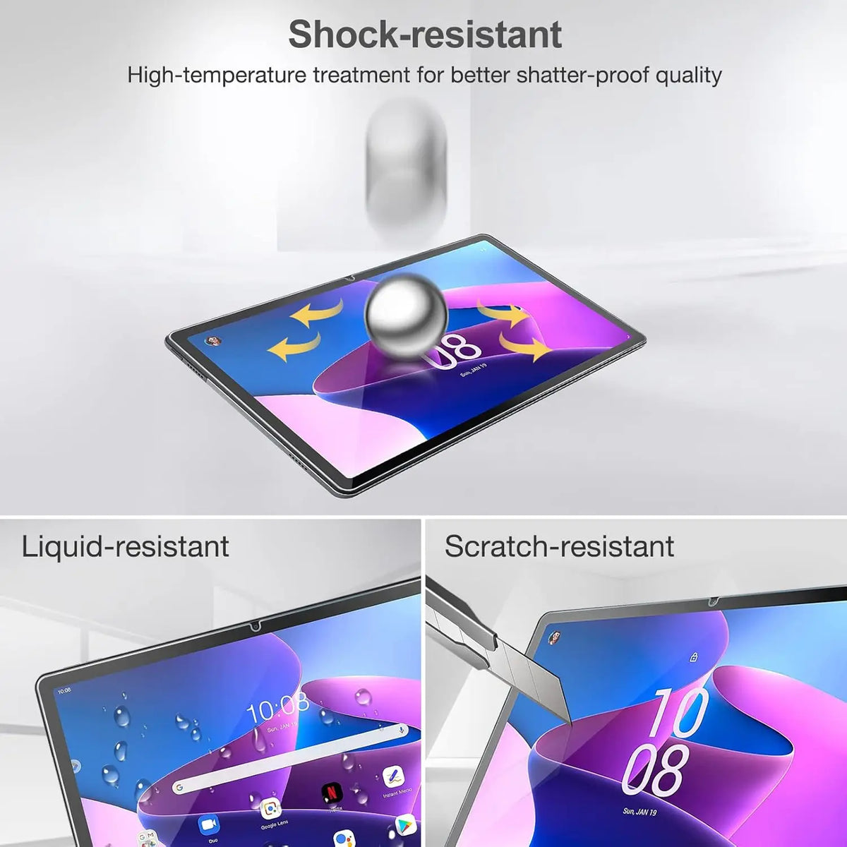 A display shows a shock-resistant tempered glass screen protector applied to a tablet screen, highlighting its liquid and scr