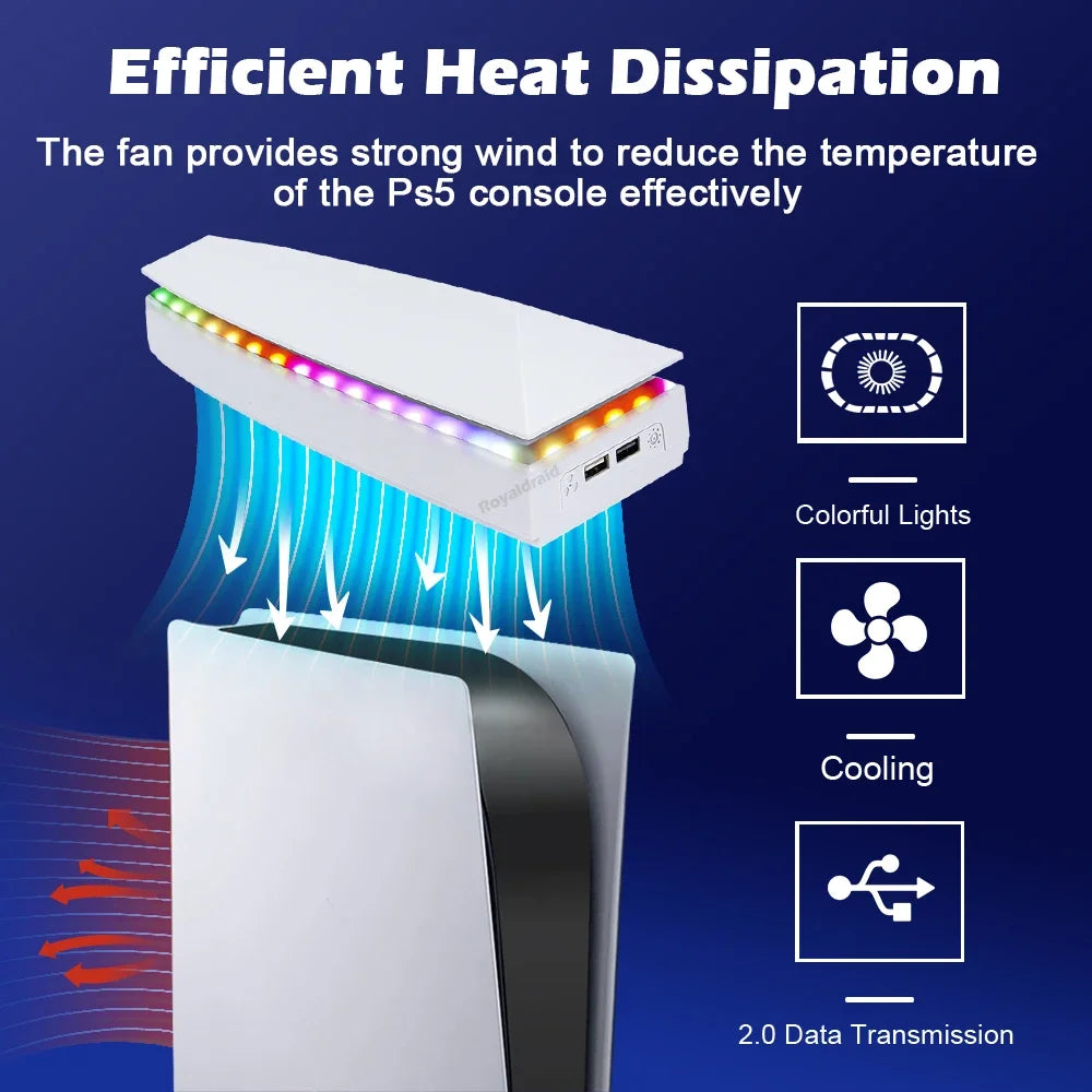 An RGB gaming cooler stand with an adjustable fan is shown dissipating heat from a PS5 console.