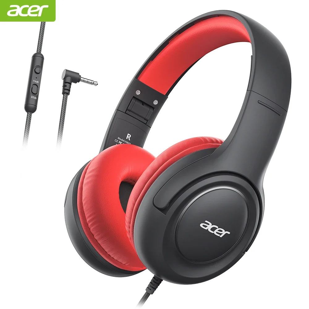 A pair of black and red wired headphones with a volume limiter and a detachable cord.