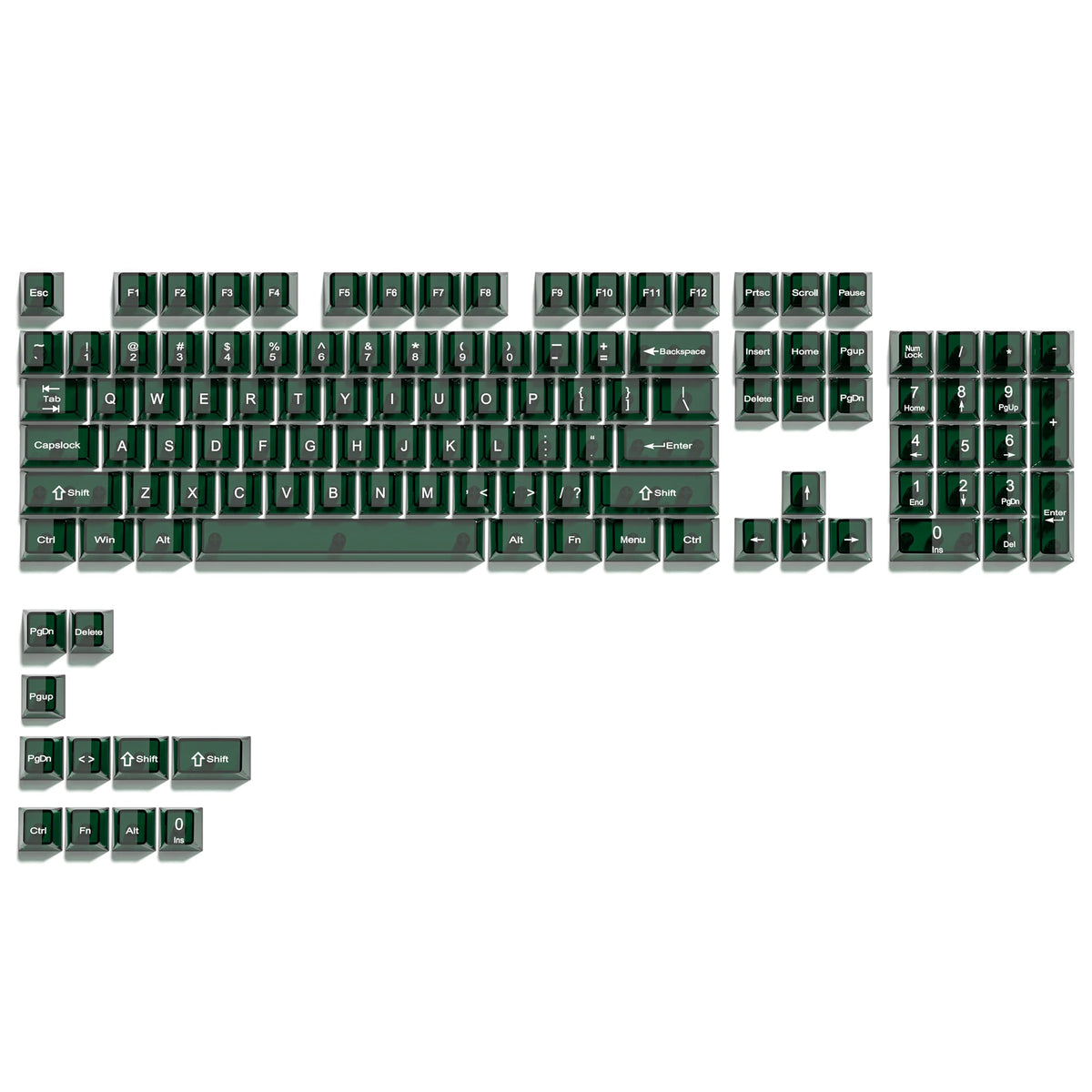 A close-up view of a full set of crystal clear RGB keycaps for a mechanical keyboard.