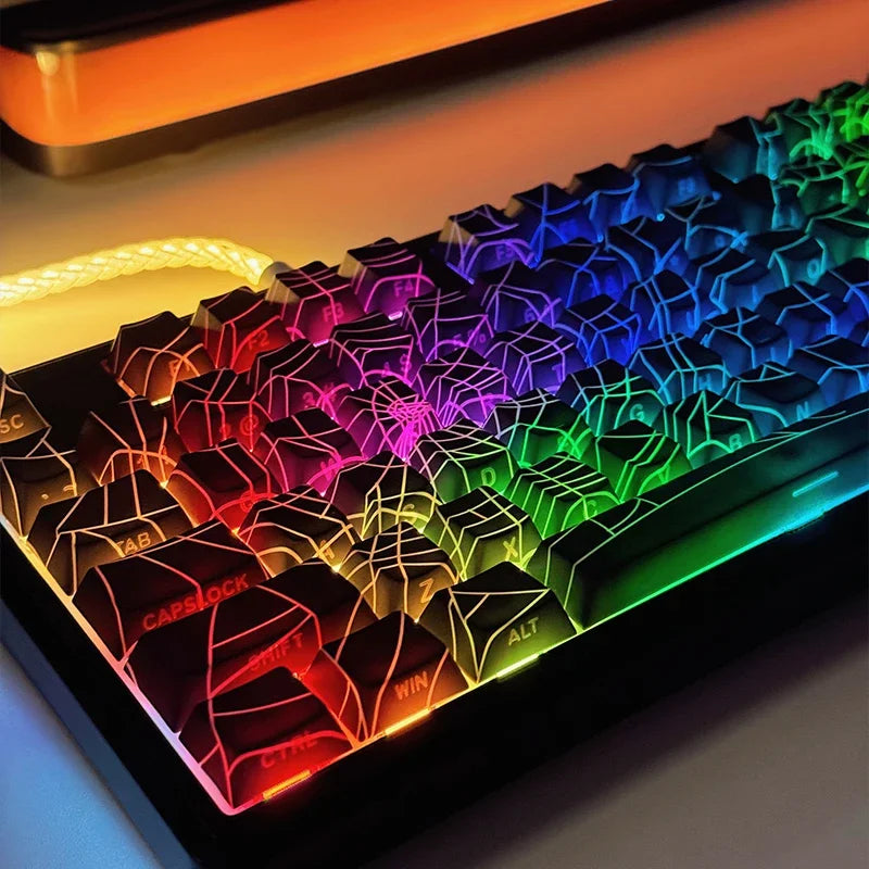 A close-up view of a mechanical keyboard with translucent keycaps displaying a vibrant rainbow light effect.